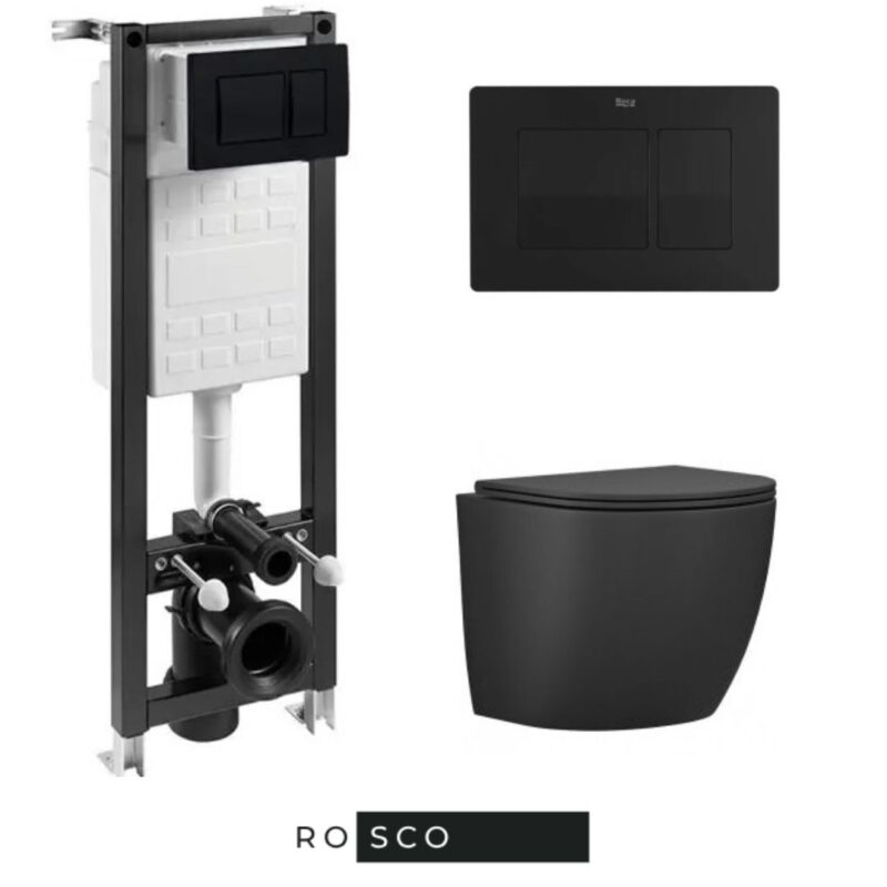 Комплект за вграждане ECO COMPACT с черен бутон К01 A89P40T010 ROCA и стенна тоалетна къса проекция 49см BLACK MATTE RIMLESS