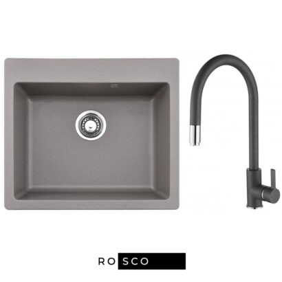 Комплект гранитна кухненска мивка и смесител 57x50см ICGS 8304 GREY + ICF 263006 GREY | Rosco