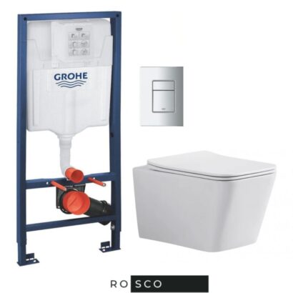 Комплект структура за вграждане с квадратен хром бутон Rapid SL GROHE със стенна тоалетна чиния 51см TORNADO SQUARE