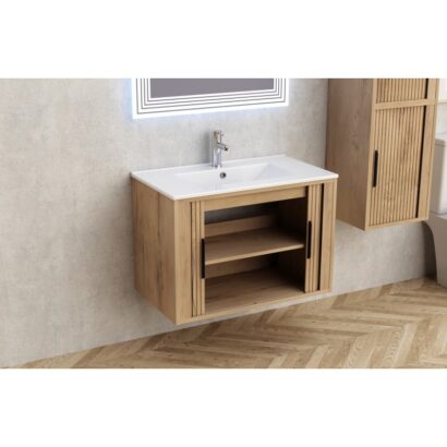 Конзолен шкаф за баня 80см AREZZO 8045 WOODEN + УМИВ.8066 БЯЛ