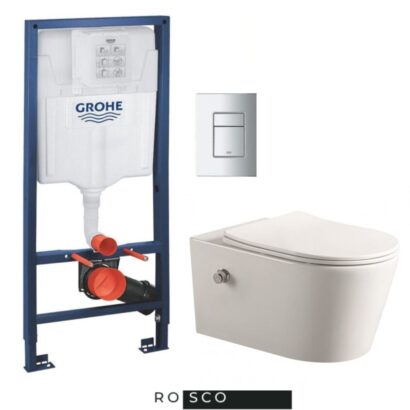 Комплект структура за вграждане Rapid SL GROHE с квадратен хром бутон и стенна тоалетна чиния с биде и смесител 54см ICC 3755W BIDET LUX