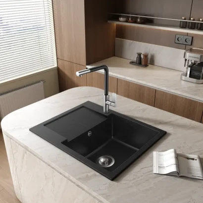 Комплект гранитна кухненска мивка и смесител 62x50см ICGS 8220 BLACK + 718650 BLACK