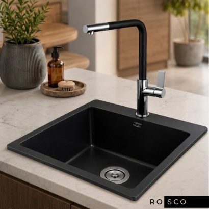 Гранитна кухненска мивка и смесител 50x50 5050 BLACK + 718650 BLACK