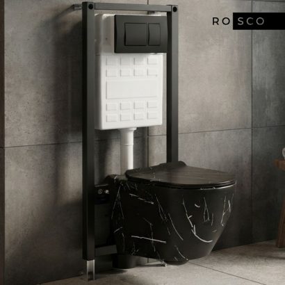 Комплект структура за вграждане с черен мат бутон ROCA ECO A89P40T010 и стенна тоалетна 49см 4937MB MARBLE TORNADO