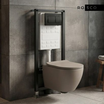 Комплект структура за вграждане с черен мат бутон ROCA ECO A89P40T010 и стенна тоалетна 49см 4937 BEIGE TORNADO