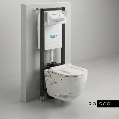 Комплект структура за вграждане с хром гланц бутон ROCA ECO A89P00T010 и стенна тоалетна 49см 4937 MARBLE TORNADO